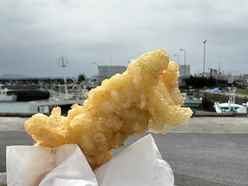 名護漁港の海を背景に掲げた、黄金色の衣を纏ったイカ天ぷら