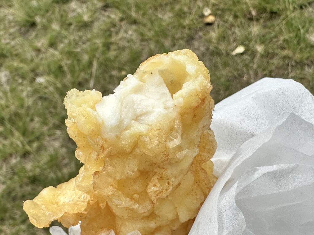 イカ天ぷらの断面。中のイカがふっくらとしており、衣が厚いことがわかる