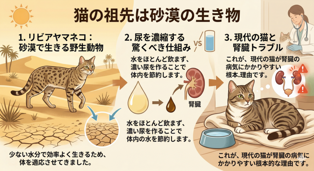リビアヤマネコと腎臓の仕組みをまとめた図
