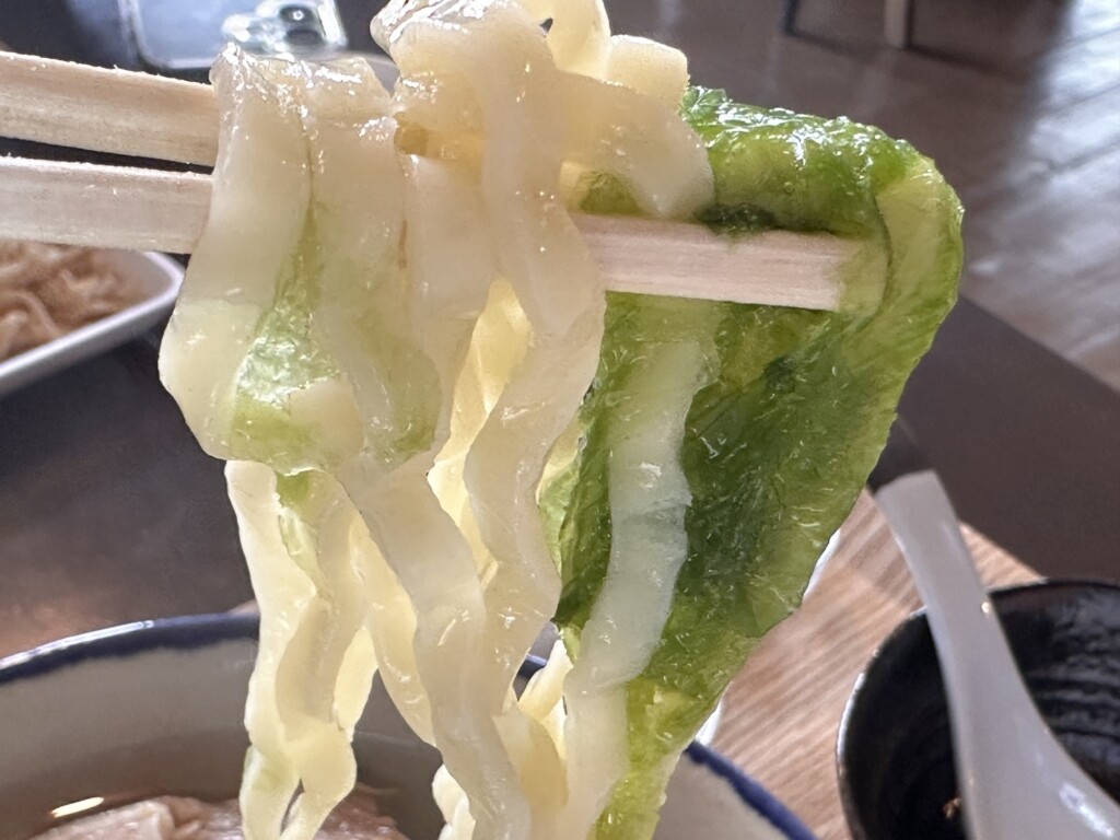 さしきそばの平麺を箸で持ち上げた写真