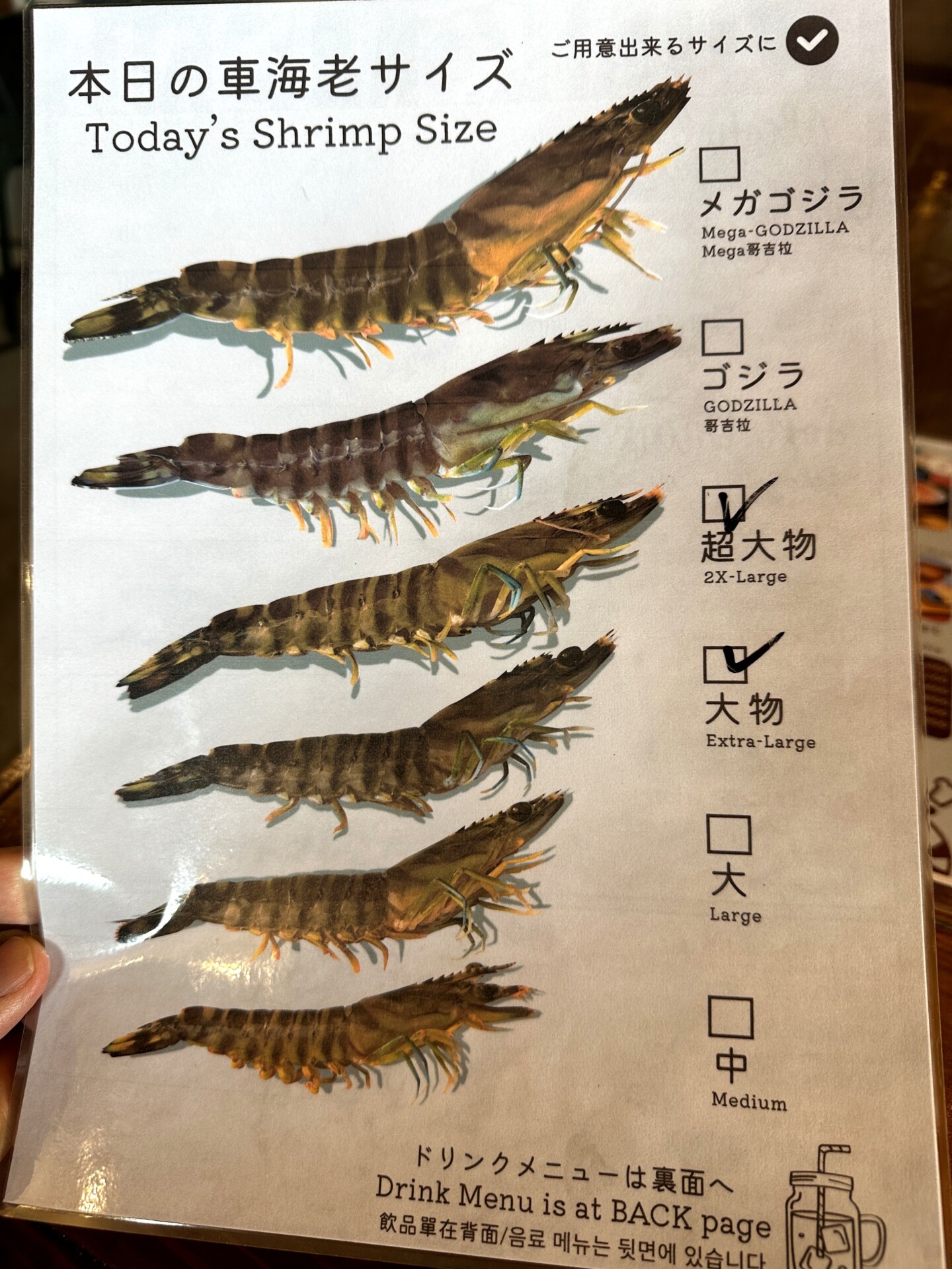 くるまえびキッチンTAMAYA 本日のエビサイズ案内