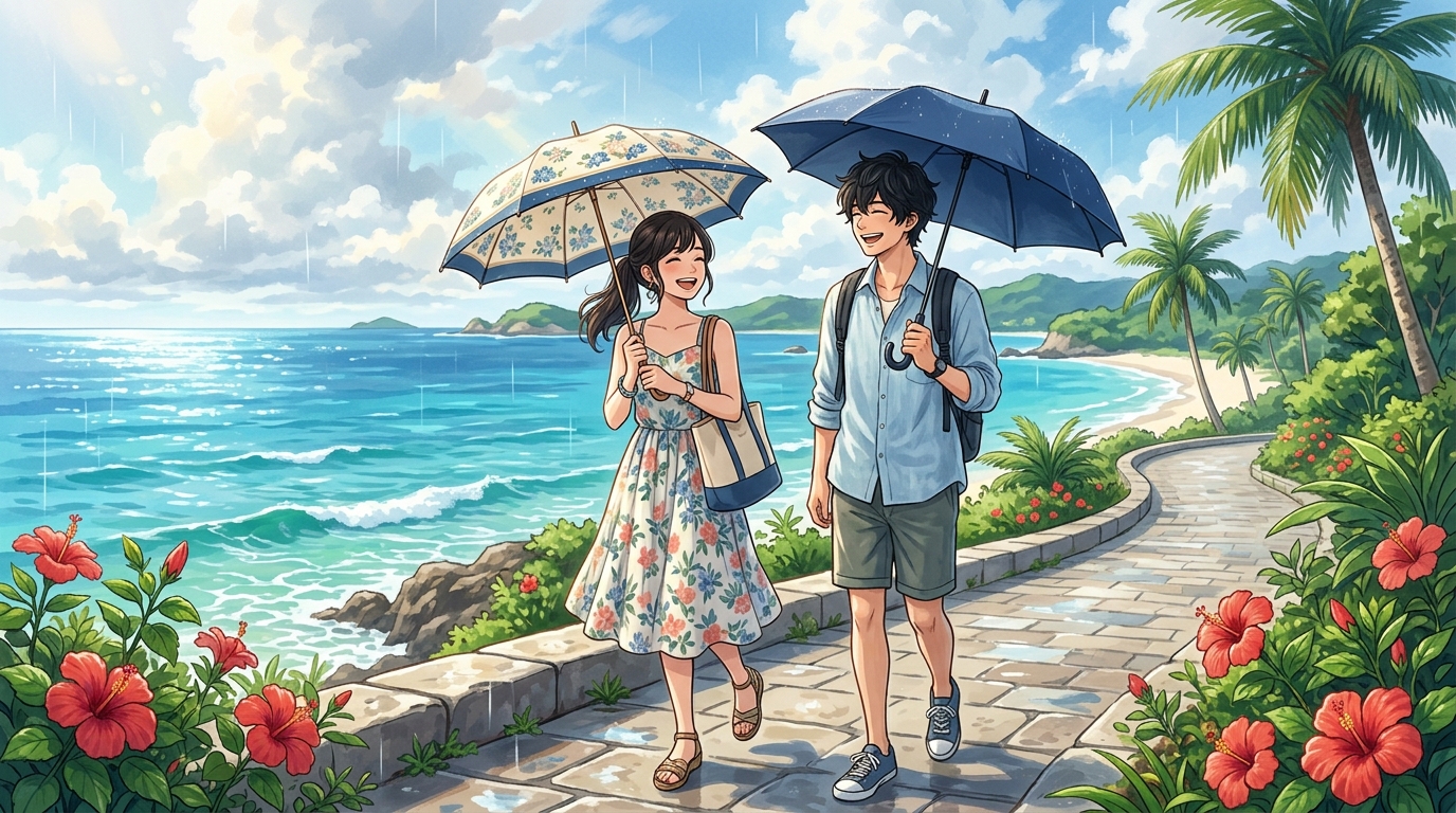 沖縄旅行で男女ともに傘をさして快適に散策する旅行者のイラスト